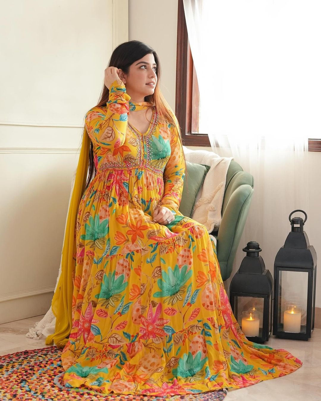 "Elegance Redefined: Sequin-Embroidered Georgette Ruffle Gown with Digital Print Dupatta - Perfect for Special Occasions!"