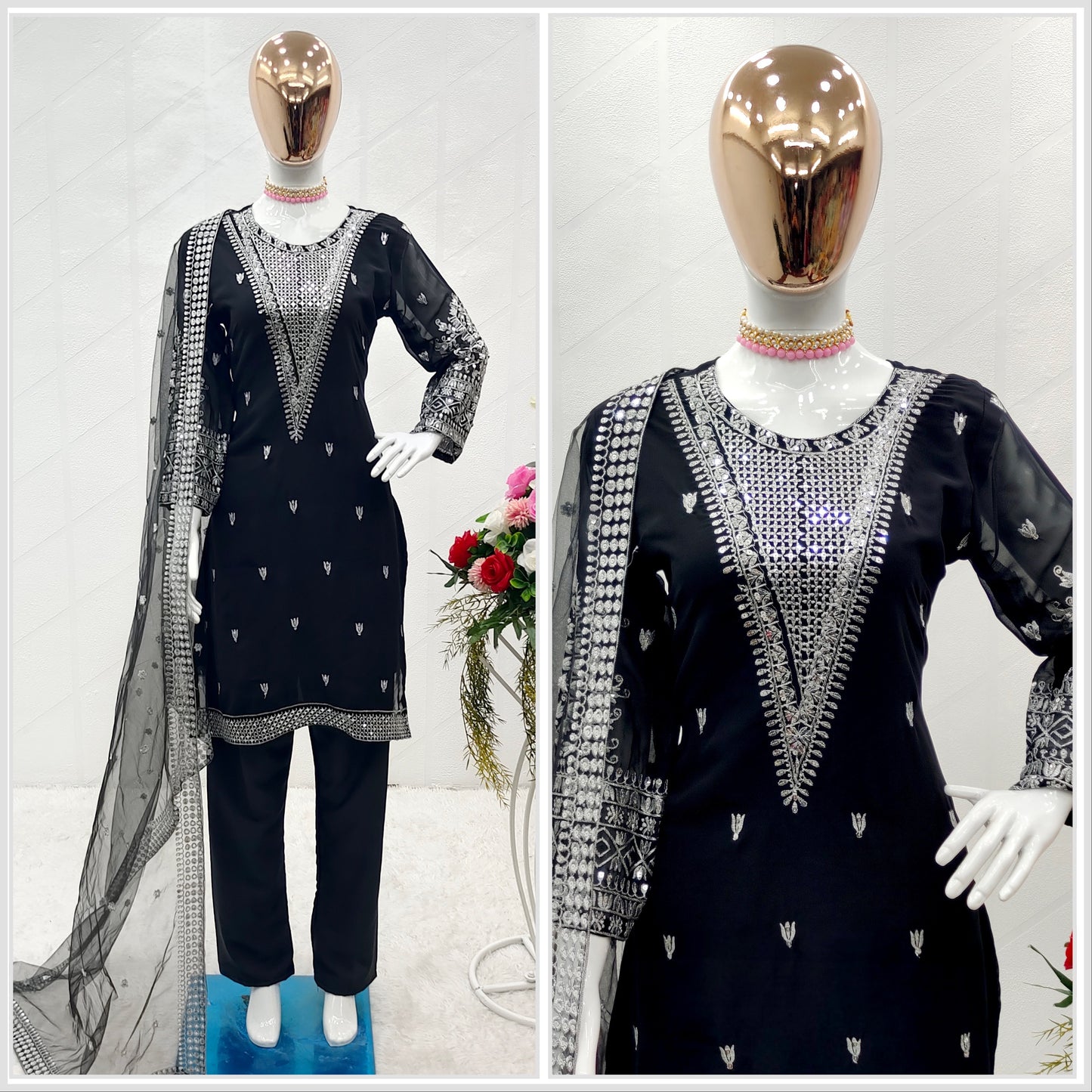 Women's Heavy Georgette Kurti with Micro Cotton Palazzo & Soft Net Dupatta - Free Size (Up to 42 XL) - Fully Stitched