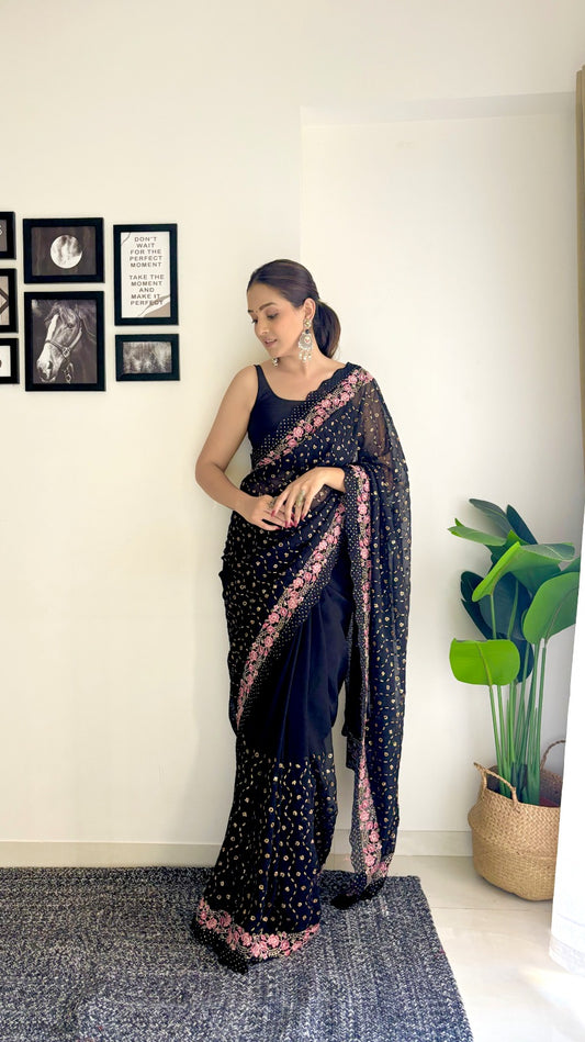 Exclusive Sequins and Multi Embroidery Work Designer Black Georgette Saree with Blouse