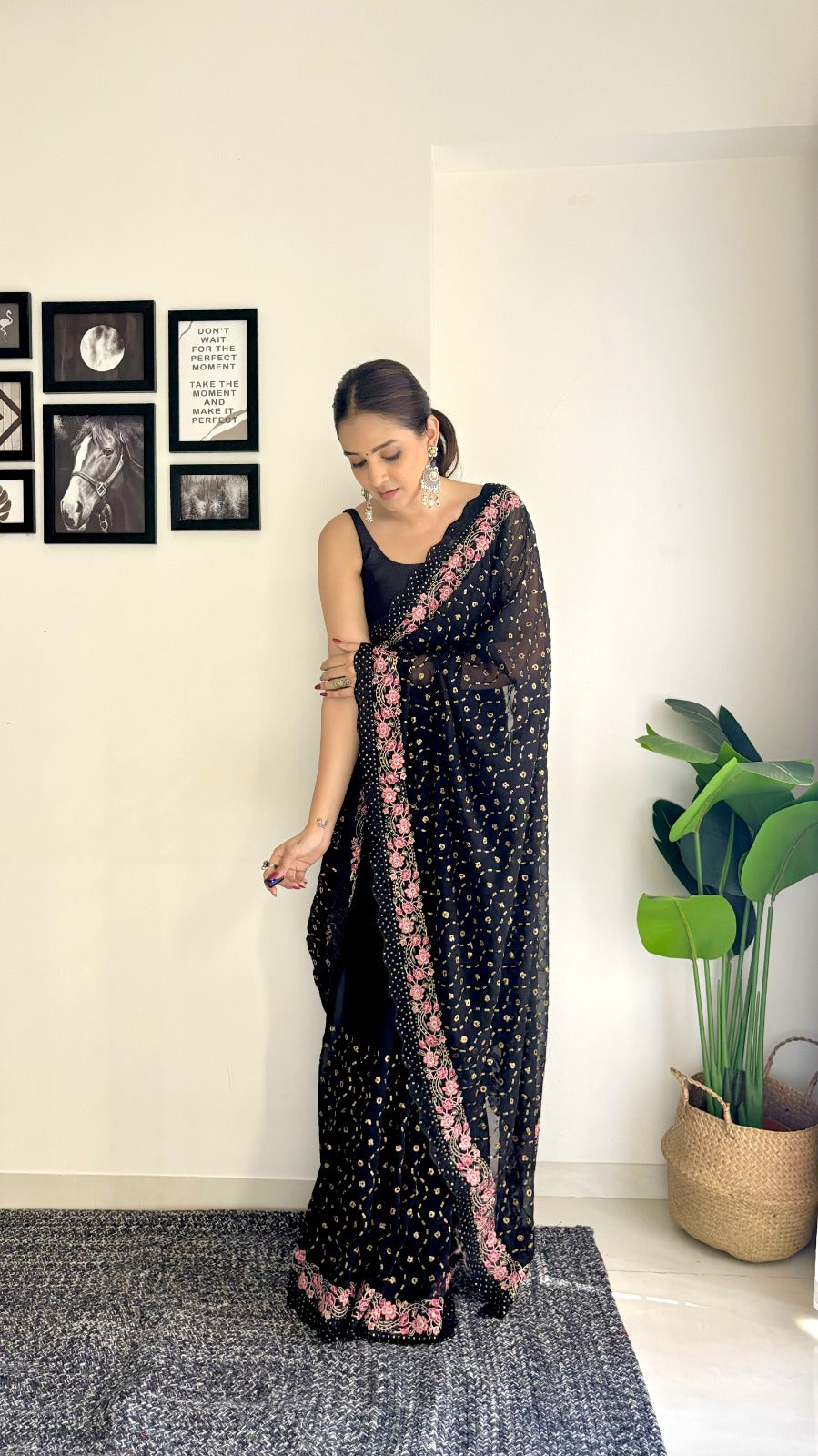 Exclusive Sequins and Multi Embroidery Work Designer Black Georgette Saree with Blouse