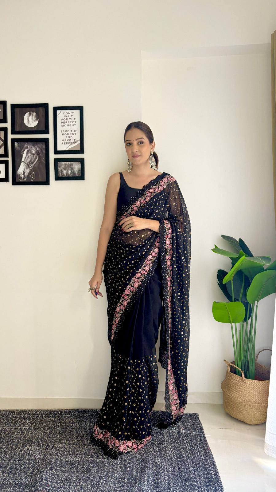 Exclusive Sequins and Multi Embroidery Work Designer Black Georgette Saree with Blouse