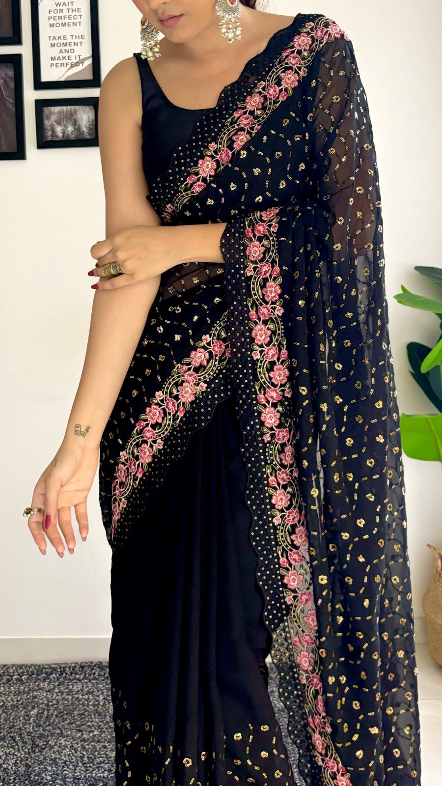 Exclusive Sequins and Multi Embroidery Work Designer Black Georgette Saree with Blouse