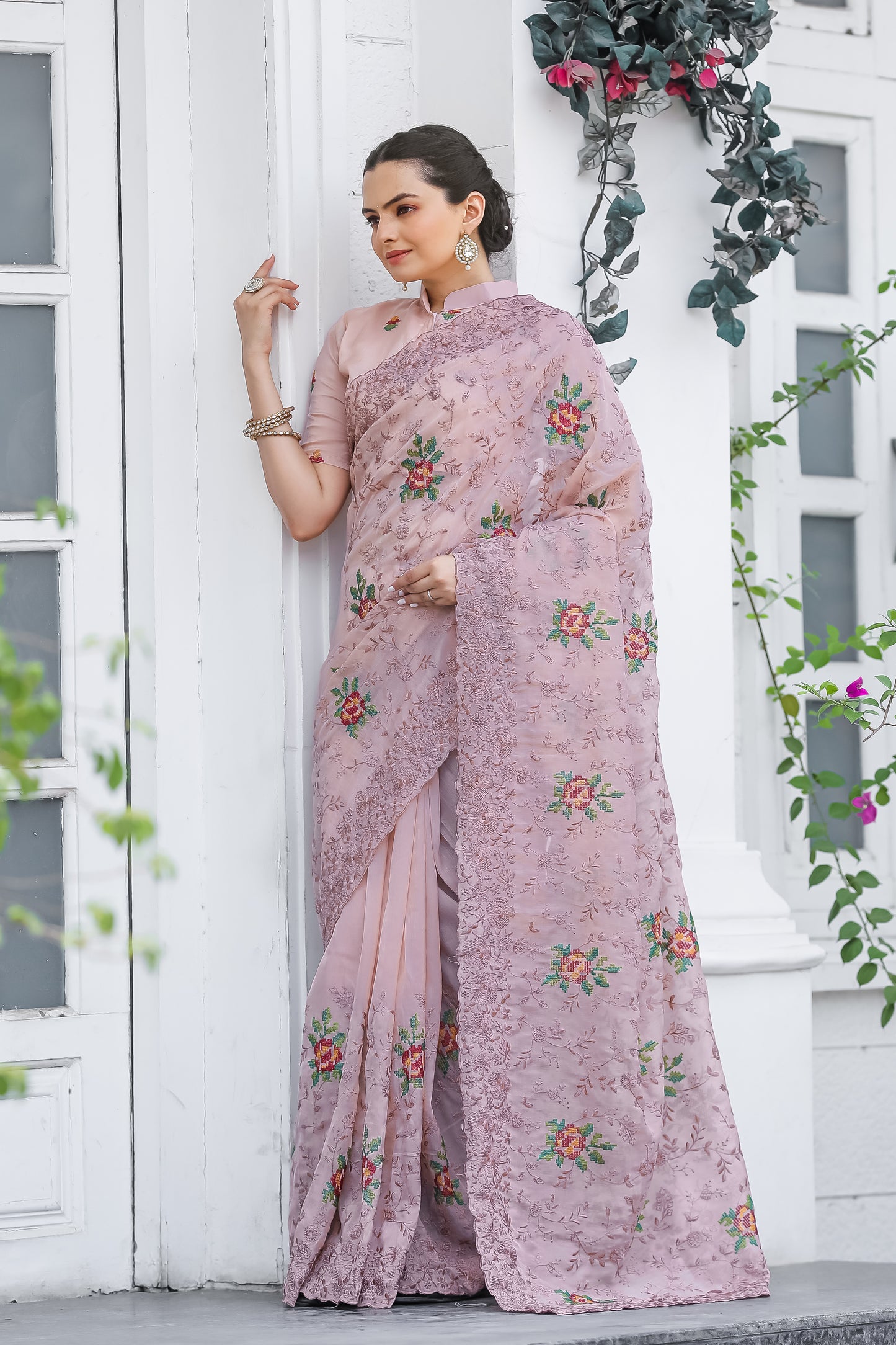 Embroidery and Cut Work Pure Shiny Zari Chiffon Saree with Blouse