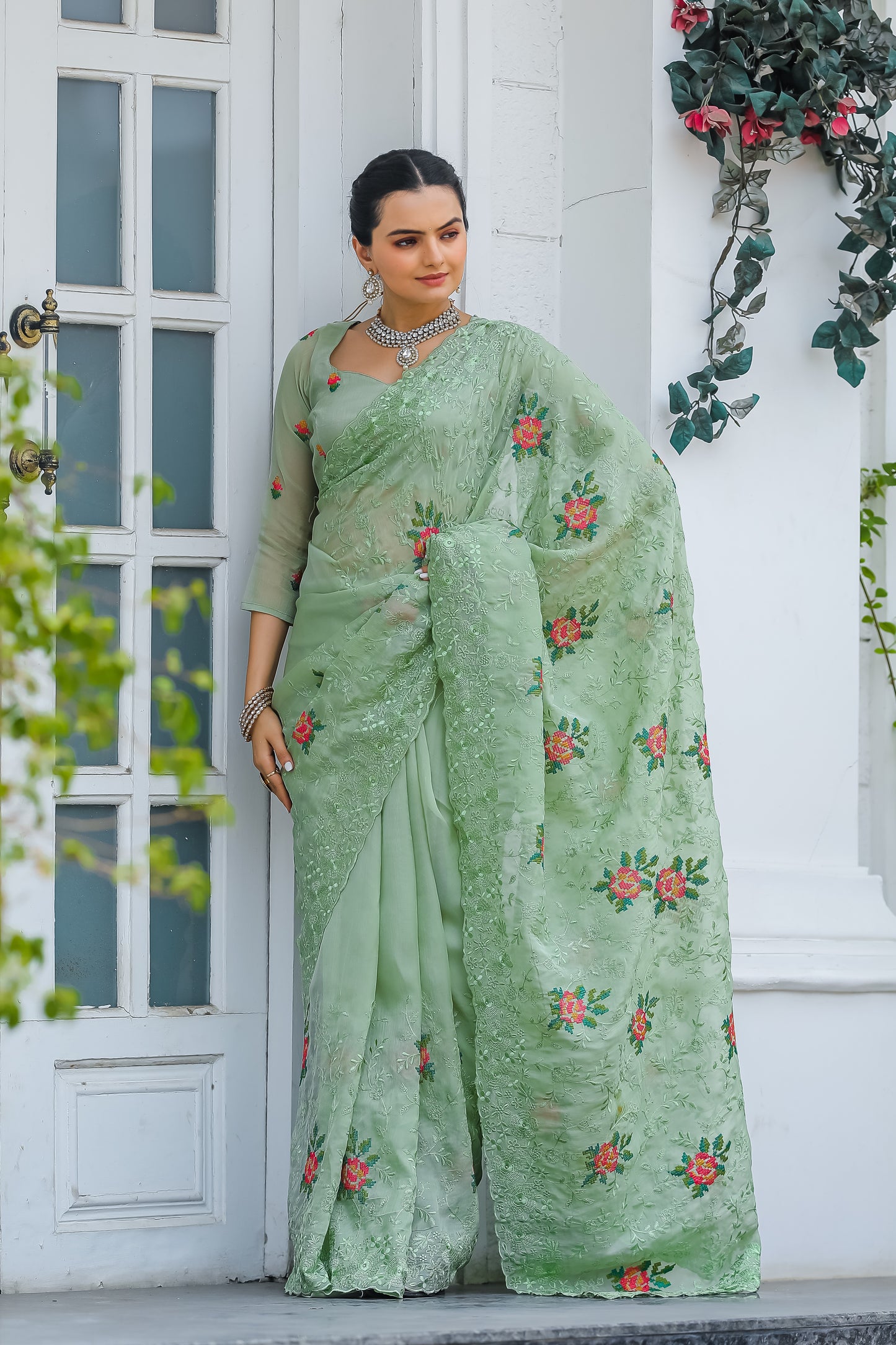 Embroidery and Cut Work Pure Shiny Zari Chiffon Saree with Blouse