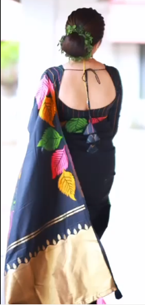 "Elegant Soft Silk Multicolour Leaf Woven Saree with Zari Pallu - Black Beauty"