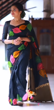 "Elegant Soft Silk Multicolour Leaf Woven Saree with Zari Pallu - Black Beauty"