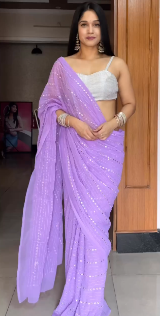 "Bollywood Elegance: Embroidered Georgette Saree with Mirror Work"