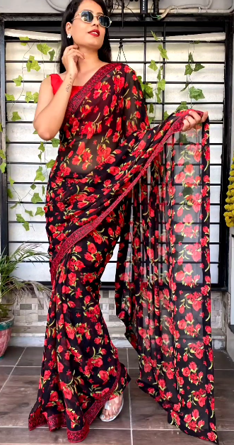 Women's Beautiful Floral Printed Lace Embellished Black With Red Flower Georgette Saree With Blouse