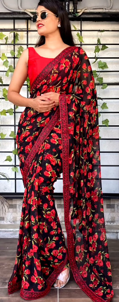 Women's Beautiful Floral Printed Lace Embellished Black With Red Flower Georgette Saree With Blouse