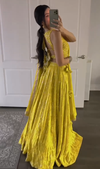 Golden Yellow Embroidered Sequins Semi Stitched Fox Georgette Lehenga Choli Set