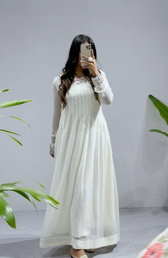 "Graceful White Georgette Gown with Sequin Embroidery & Printed Dupatta"