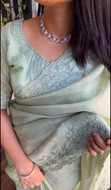 "Pastel Perfection: Rangeen Silk Saree & Designer Blouse Set with Sequins Embellishments"