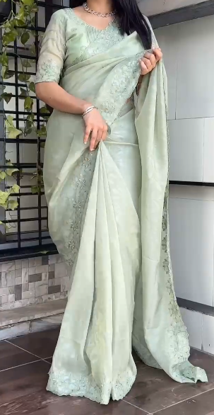 "Pastel Perfection: Rangeen Silk Saree & Designer Blouse Set with Sequins Embellishments"