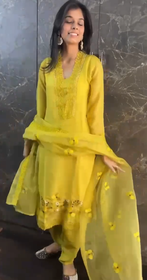 "Yellow Muslin Cotton Embroidered Kurta Set with Organza Dupatta