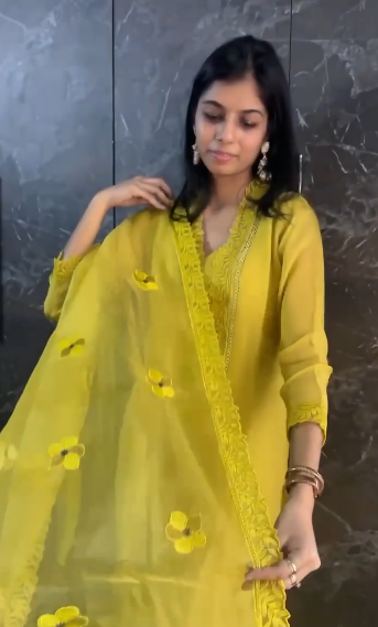 "Yellow Muslin Cotton Embroidered Kurta Set with Organza Dupatta