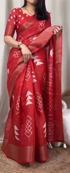 "Cotton Zari Jacquard Hand-Printed Saree: Timeless Charm with Designer Weaving & Tassels"