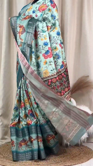 "Grand Kantha Kalamkari: Authentic Cotton Silk Saree with Aabla Zari Work"