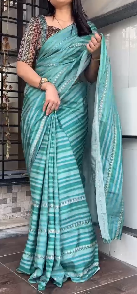 Tusser Silk Lehriya Print Saree with Pitta Embroidery and Jacquard Blouse