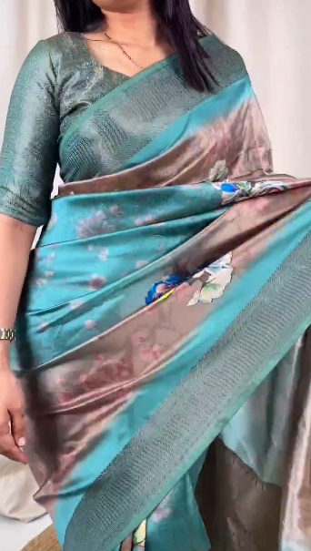 Luxurious Pure Satin Jacquard 3D Print Saree with Blouse