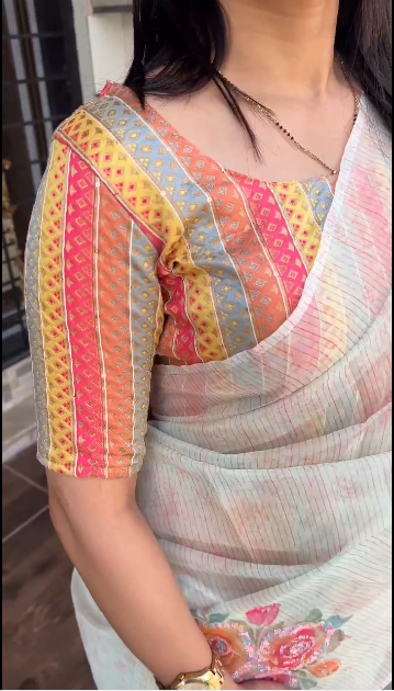 Softest Organza Printed Saree with Contrast Jacquard Blouse