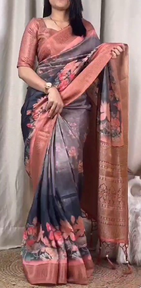 Luxurious Pure Satin Jacquard 3D Print Saree with Blouse