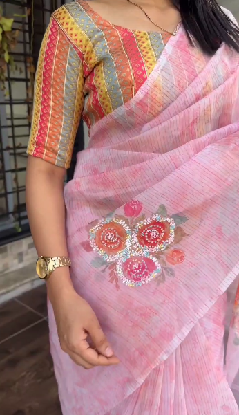 Softest Organza Printed Saree with Contrast Jacquard Blouse