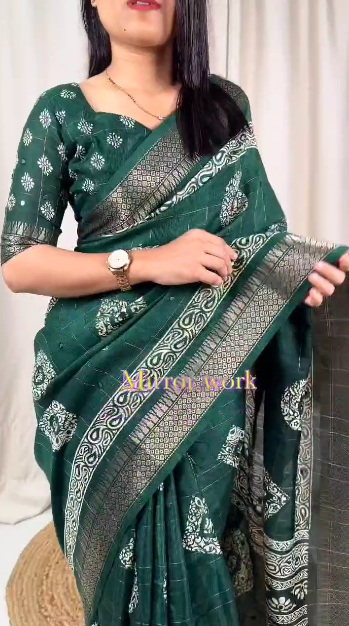 Women's Beautiful Kalamakari Printed Paper Mirror Work Muslin Cotton Saree With Blouse