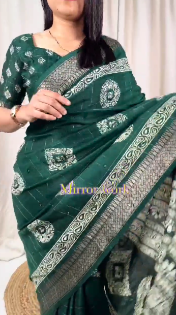 Women's Beautiful Kalamakari Printed Paper Mirror Work Muslin Cotton Saree With Blouse