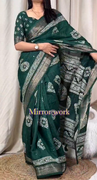 Women's Beautiful Kalamakari Printed Paper Mirror Work Muslin Cotton Saree With Blouse