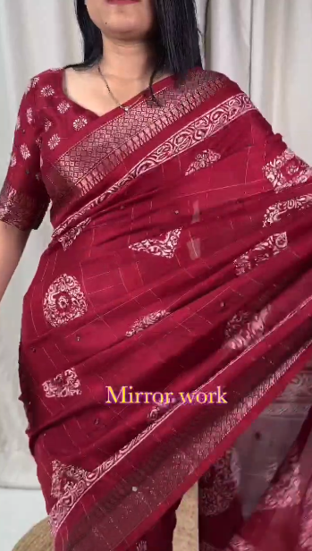 Women's Beautiful Kalamakari Printed Paper Mirror Work Muslin Cotton Saree With Blouse