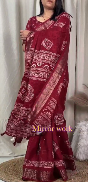 Women's Beautiful Kalamakari Printed Paper Mirror Work Muslin Cotton Saree With Blouse