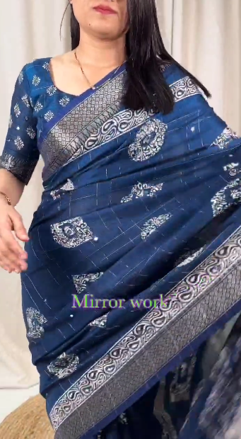 Women's Beautiful Kalamakari Printed Paper Mirror Work Muslin Cotton Saree With Blouse