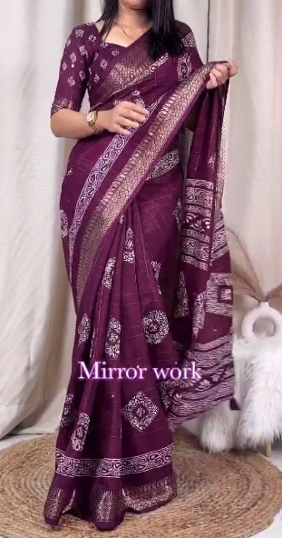 Women's Beautiful Kalamakari Printed Paper Mirror Work Muslin Cotton Saree With Blouse