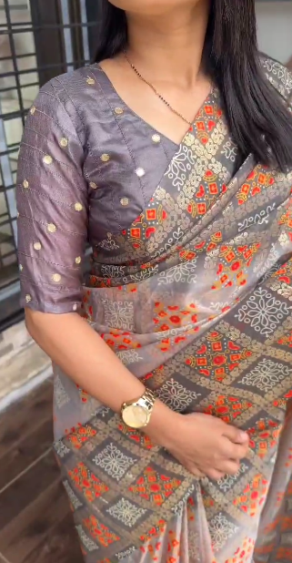 " Bandhej Print Glass Organza Saree with Gota Patti Blouse"