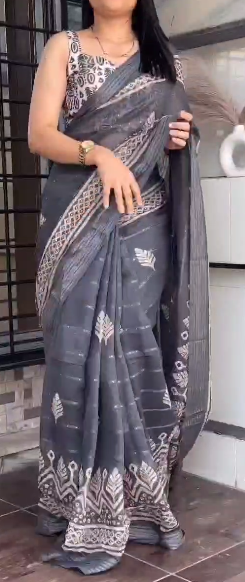 Batik Print and Zari Border Modal Cotton Saree with Blouse