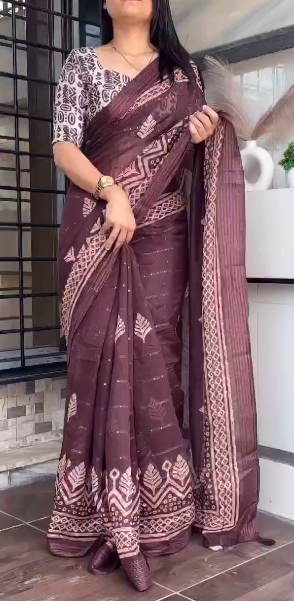 Batik Print and Zari Border Modal Cotton Saree with Blouse