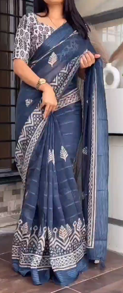 Batik Print and Zari Border Modal Cotton Saree with Blouse