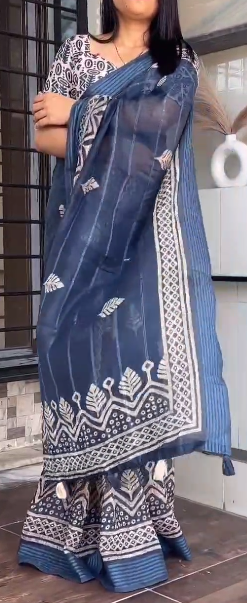 Batik Print and Zari Border Modal Cotton Saree with Blouse