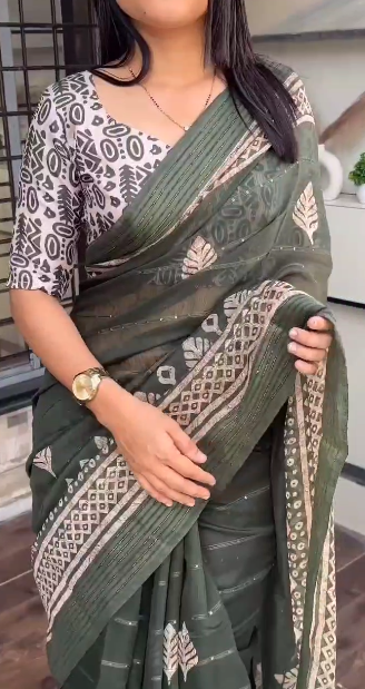 Batik Print and Zari Border Modal Cotton Saree with Blouse