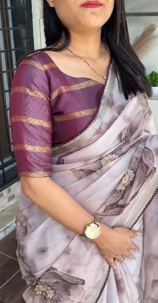 Women's Embroidered With Zari Border Soft Organza Printed Saree With Jacquard Cotton Blouse