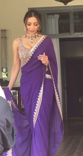 Malaika Arora Inspired Heavy Embroidery Sequence Work Saree with Stitched Blouse