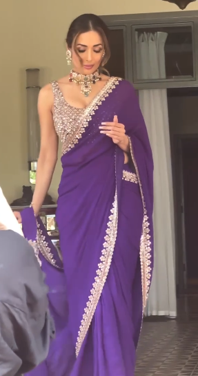 Malaika Arora Inspired Heavy Embroidery Sequence Work Saree with Stitched Blouse