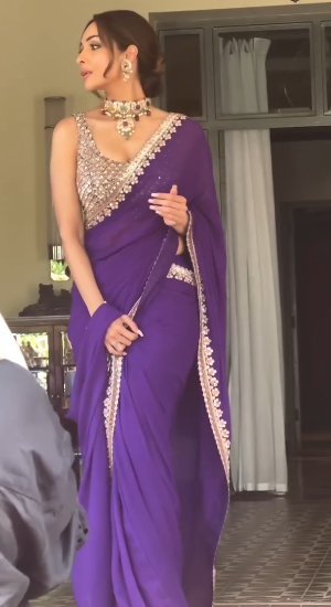 Malaika Arora Inspired Heavy Embroidery Sequence Work Saree with Stitched Blouse