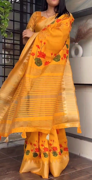 Embroidered Cut Work and Zari Jacquard Border Assam Silk Saree with Blouse