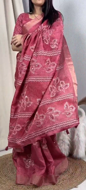 Muslin Cotton Zari Jacquard Checkered Saree with Tassels & Gotta Patti Mirror Work