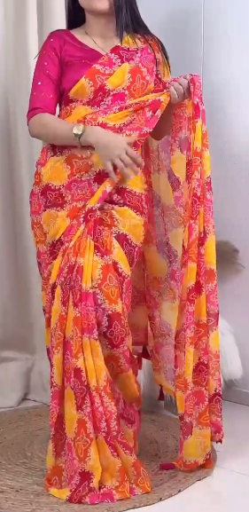 Elegant Roomali Chiffon Bandhani Saree with Sequins and Mirror Work Blouse