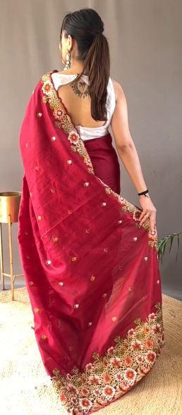 Pure Matka Silk Saree with Embroidered Buttis & Cutwork Pallu