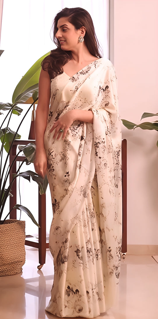 Floral Digital Print Original Japan Satin Saree with Matching Attached Blouse
