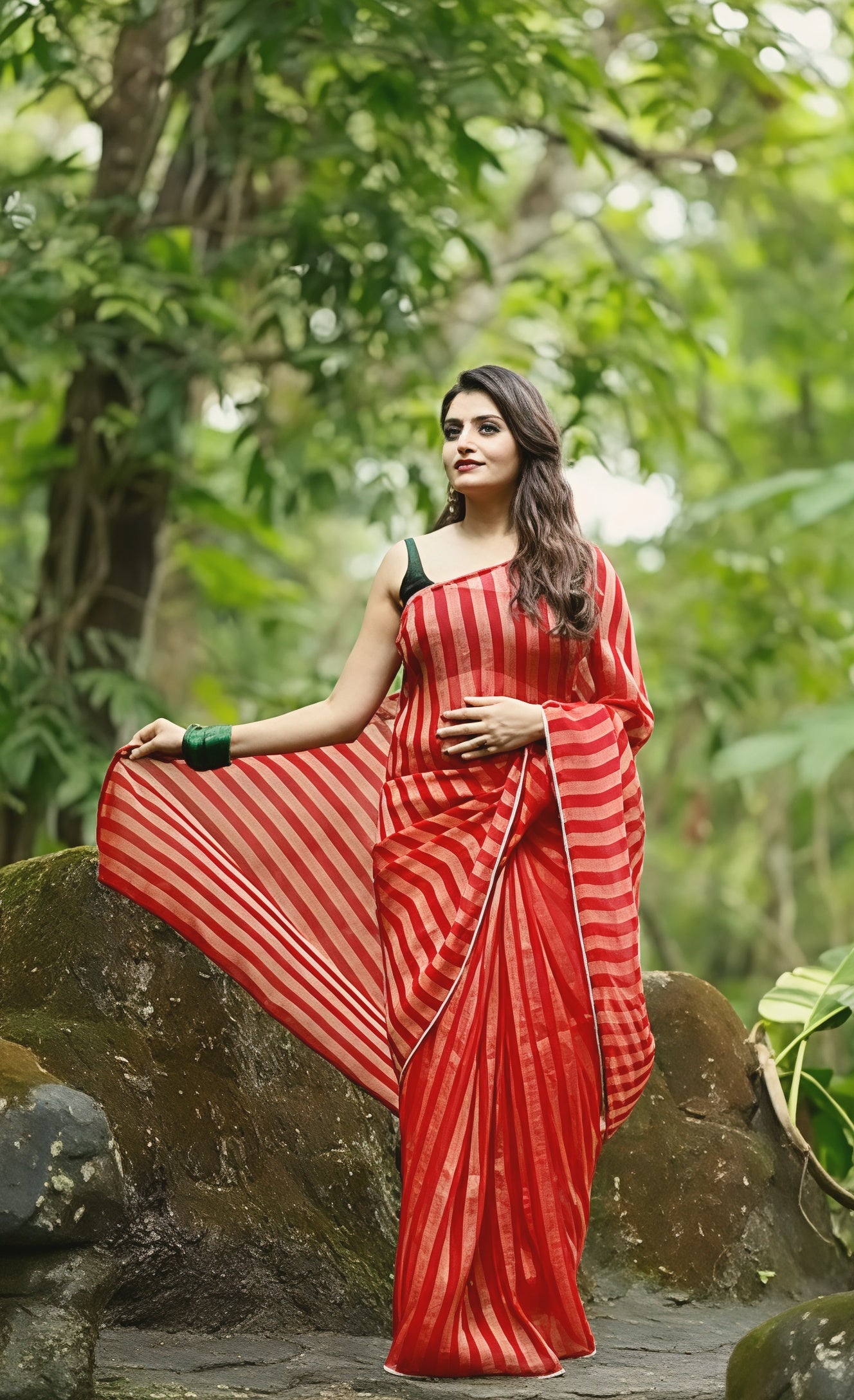 Premium Zari Woven Striped Chiffon Saree with Contrast Manipuri Georgette Handwork Blouse
