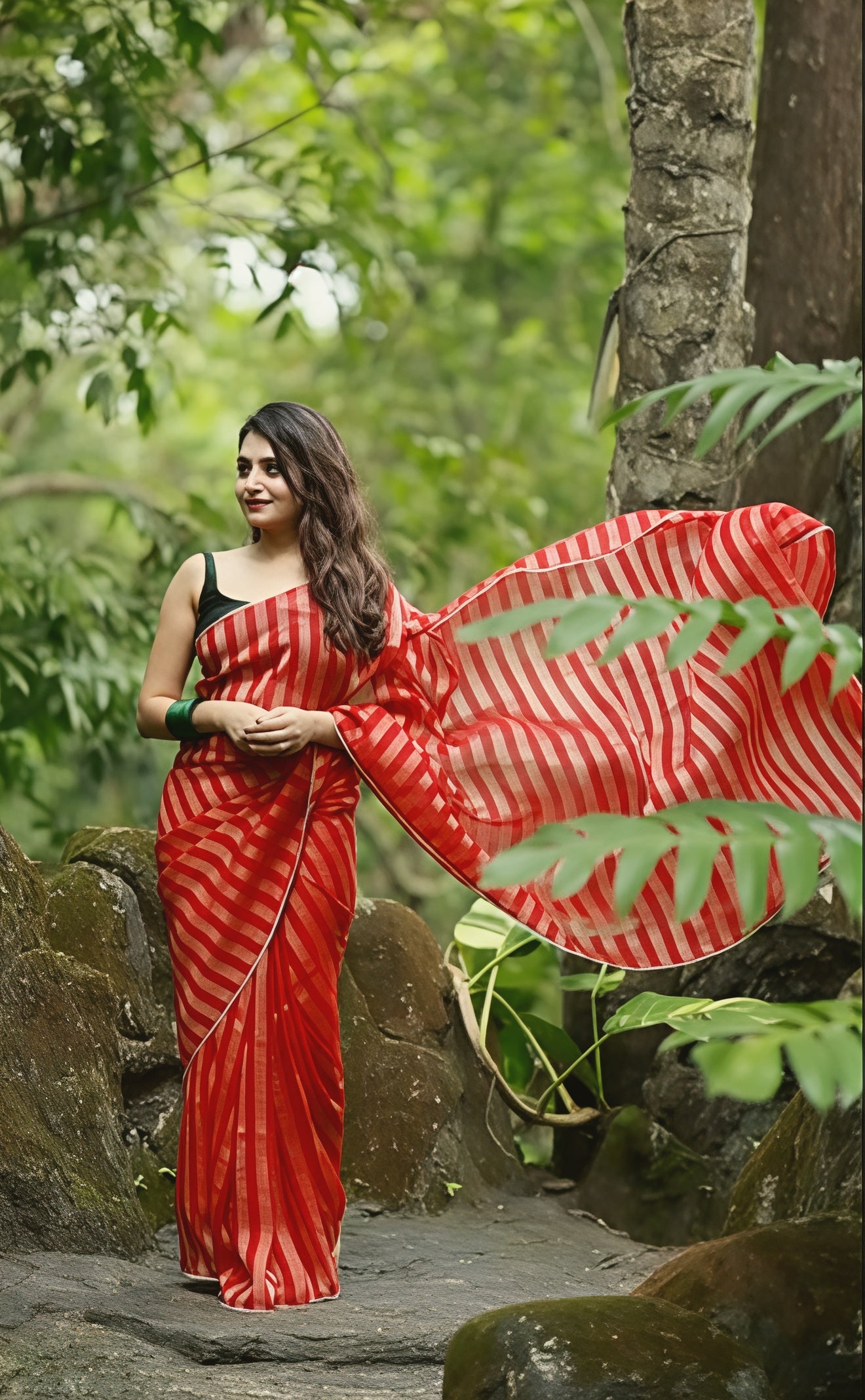 Premium Zari Woven Striped Chiffon Saree with Contrast Manipuri Georgette Handwork Blouse